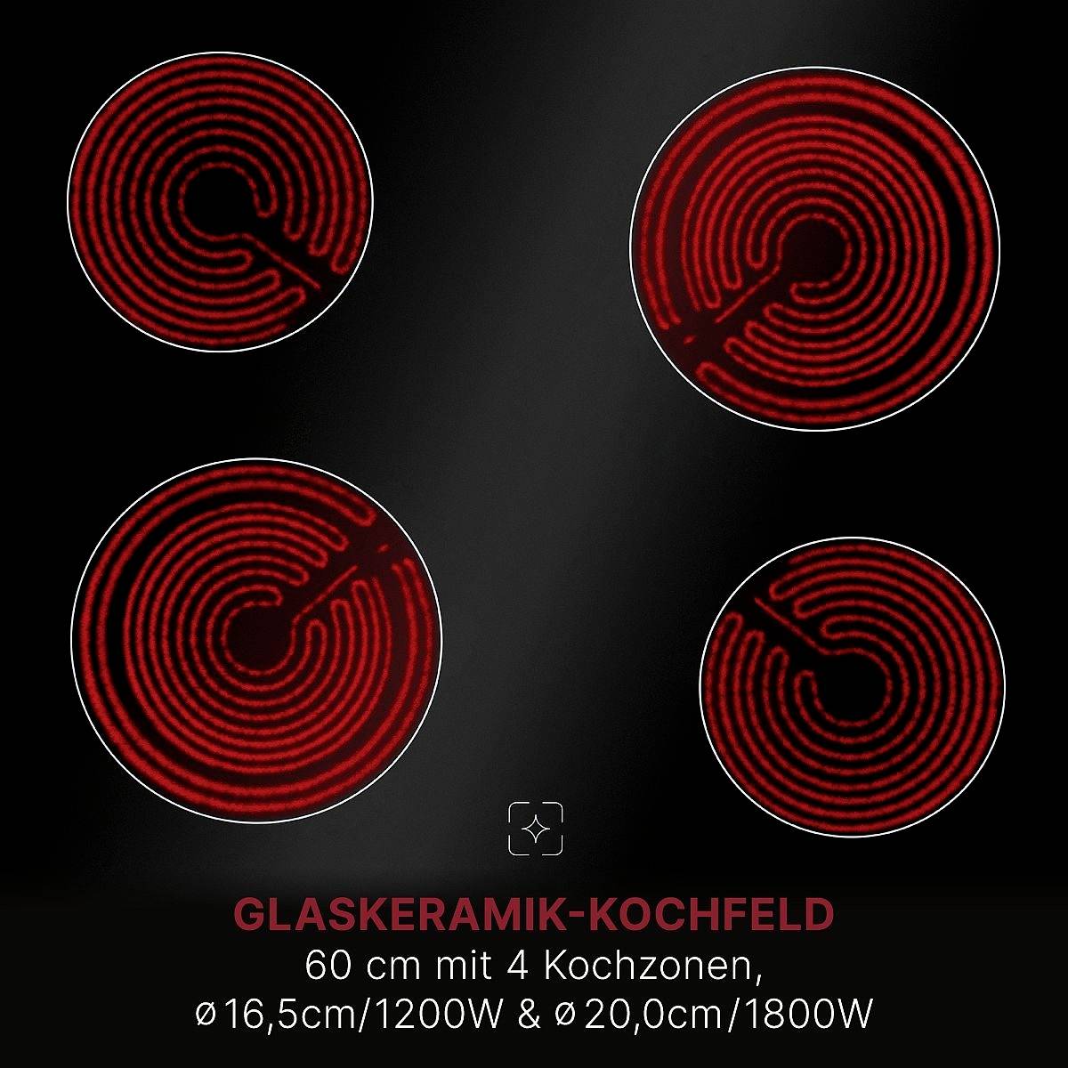 Glaskeramik-Kochfeld mit vier roten Kochzonen. Zwei Zonen sind 16,5 cm/1200 W, zwei sind 20 cm/1800 W. Größe 60 cm.
