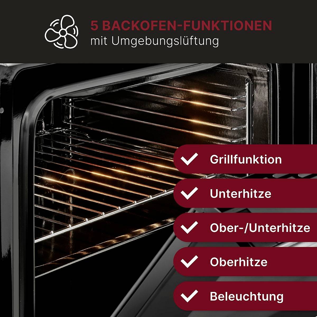 Ein geöffneter Backofen mit der Aufschrift '5 Backofen-Funktionen mit Umluft': Grillfunktion, Unterhitze, Ober-/Unterhitze, Beleuchtung.