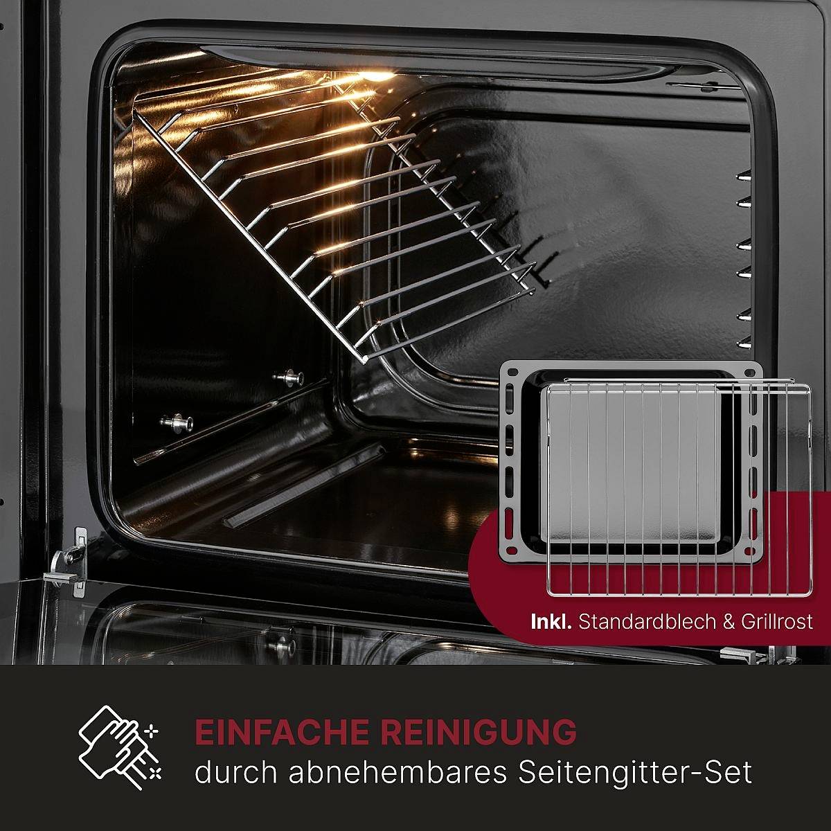 Offener Backofen mit herausnehmbarem Seitengitter-Set. Inkl. Standardblech und Grillrost. Text: 'EINFACHE REINIGUNG'.