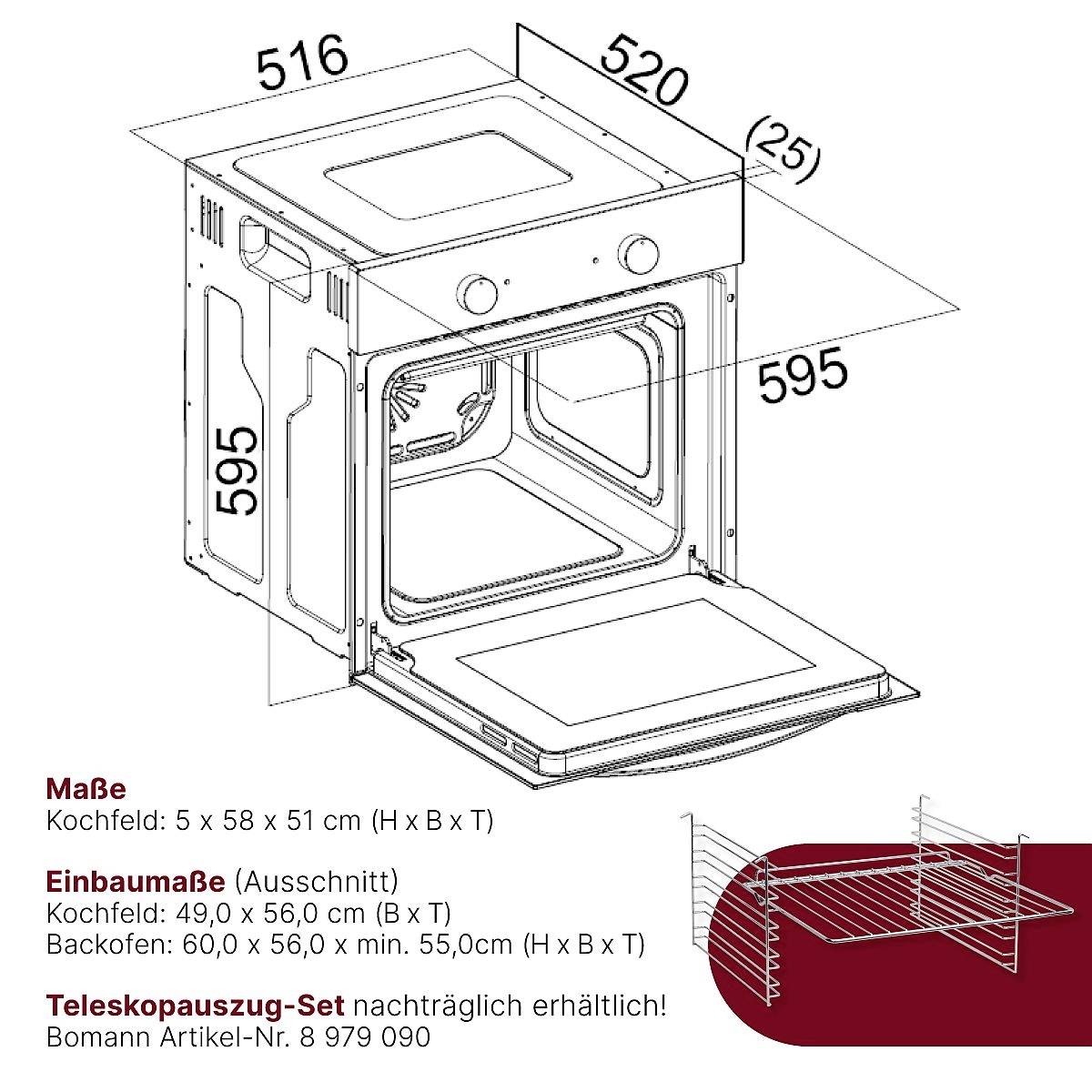 Der Backofen ist offen und zeigt Maße von 60 cm Breite, 56 cm Tiefe und 59,5 cm Höhe. Ein Teleskopauszug-Set ist separat erhältlich.