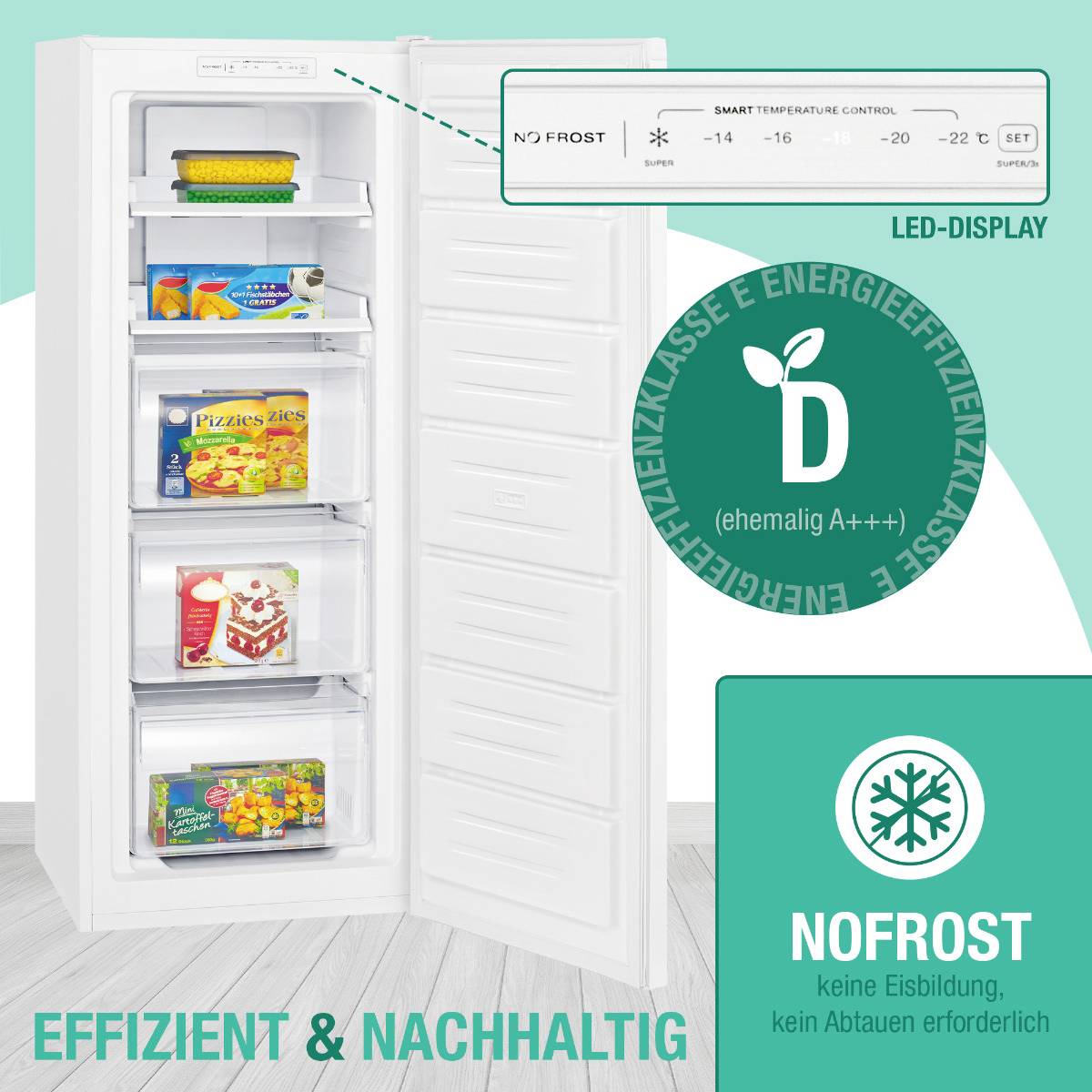 'Weißer Gefrierschrank mit fünf Ablagen, befüllt mit Gemüse, Pommes und Fleisch. Ehemals Energieklasse D, NoFrost-Technologie.'