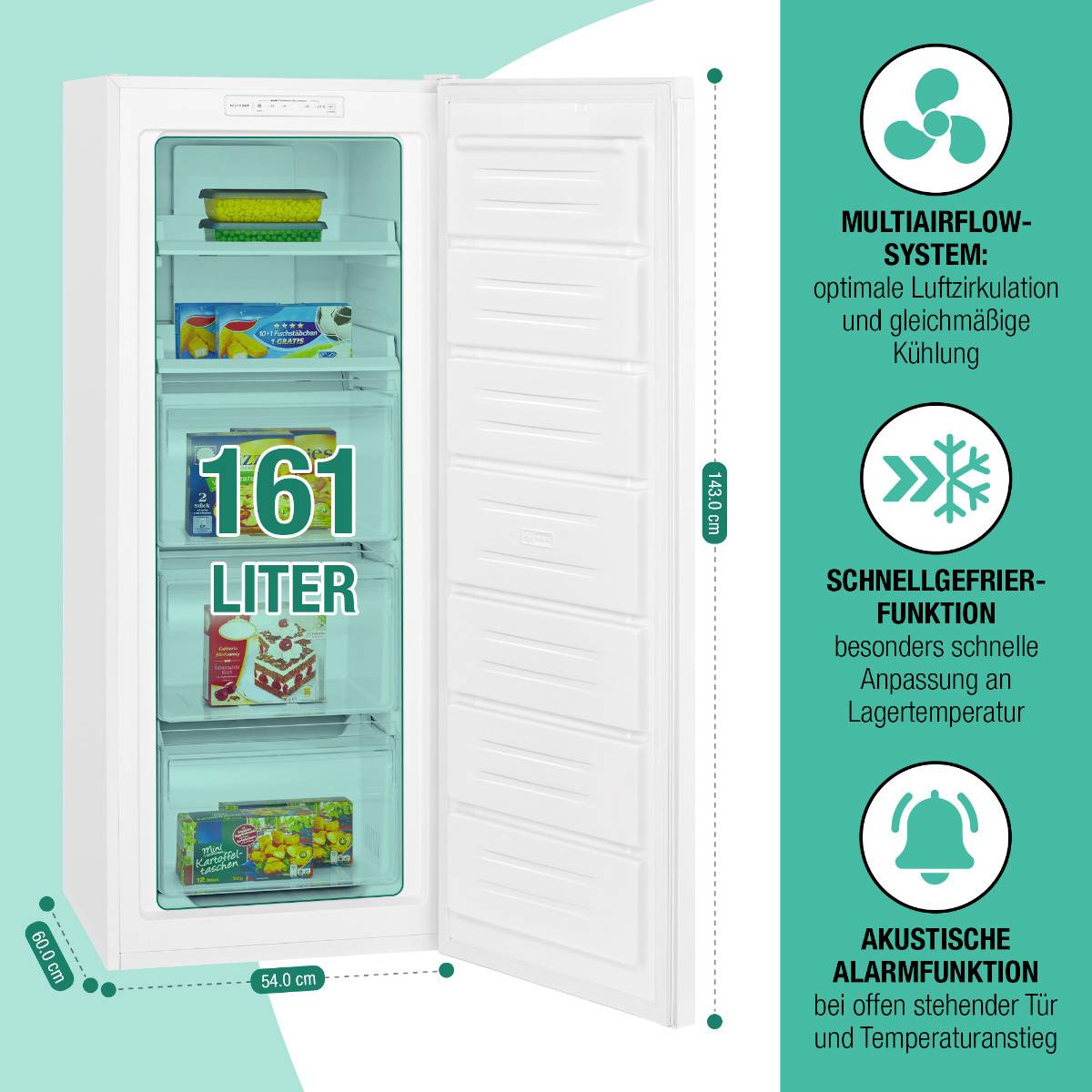 Ein geöffneter Gefrierschrank mit mehreren Fächern, 161 Liter Kapazität. Enthält Lebensmittel. Text erklärt Funktionen wie Multi-Airflow-System und Schnellgefrierfunktion.