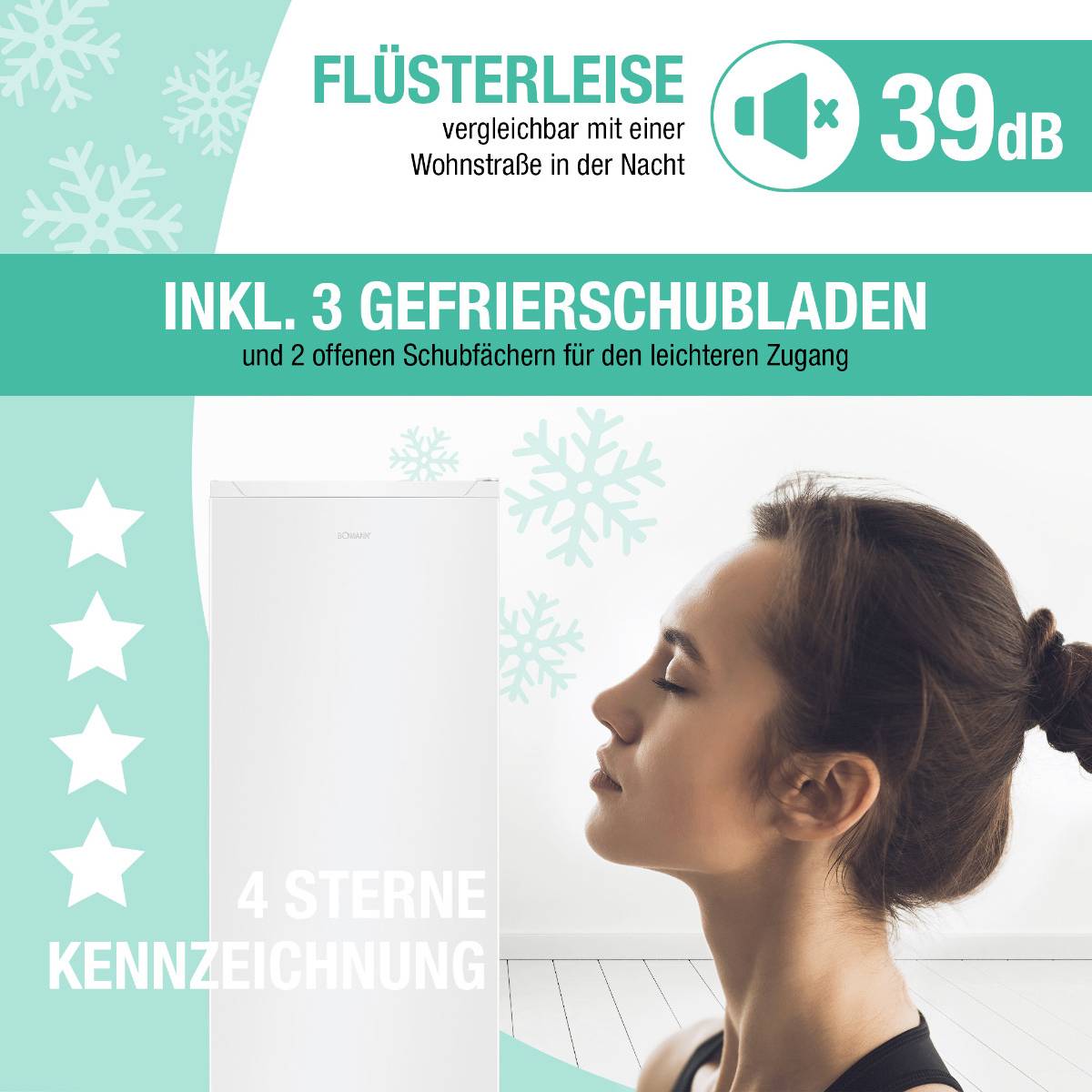 Produktbild eines leisen Gefrierschranks mit Frau im Profil, 'Flüsterleise' und 39 dB angegeben, inklusive Gefrierschubladen.