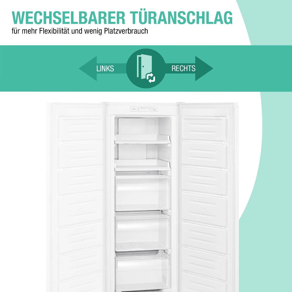 Kühlschrank mit wechselbarem Türanschlag, links/rechts verstellbar. Fünf transparente Fächer. Text: 'Wechselbarer Türanschlag'.
