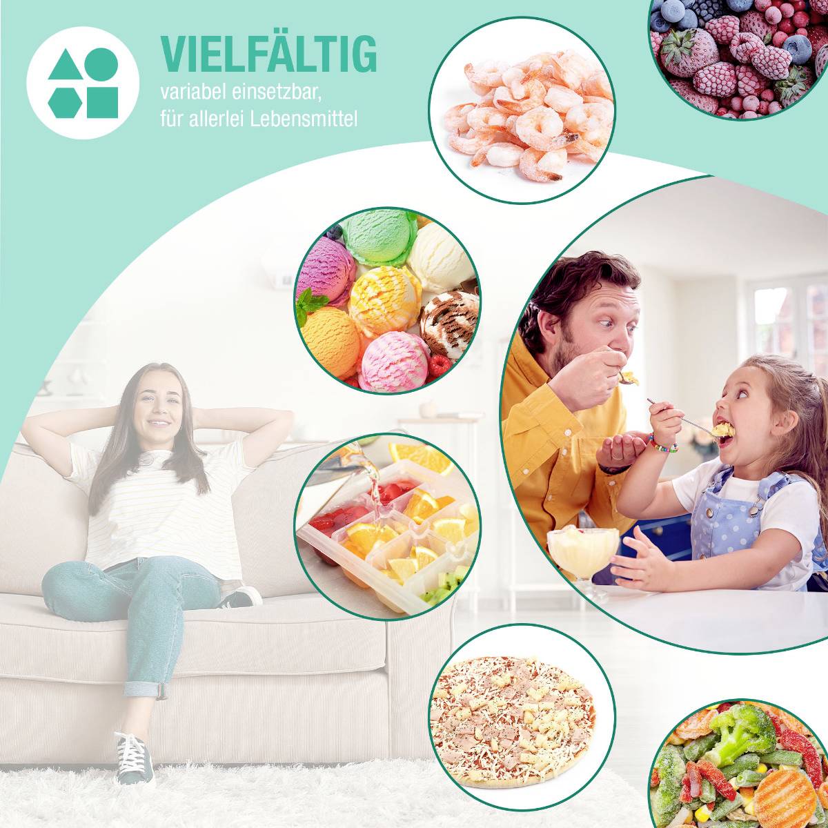 Ein kleines Mädchen isst Eis mit einem Mann in einer hellen Umgebung. Umgeben von Bildern verschiedener Lebensmittel wie Garnelen, Obst und Eis. Text: 'Vielfältig - variabel einsetzbar, für allerlei Lebensmittel'.
