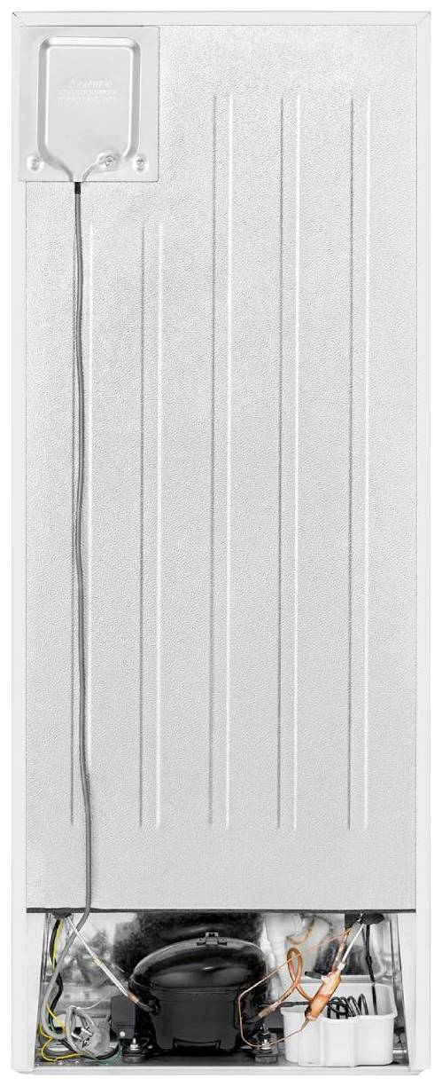Rückansicht eines Kühlschranks mit geöffneter Abdeckung, sichtbar sind die elektrischen und mechanischen Komponenten.