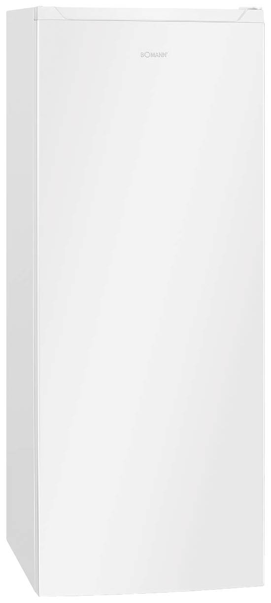 Ein freistehender, weißer Kühlschrank mit modernem Design und klaren Linien, geeignet für Küchen mit minimalistischem Stil.