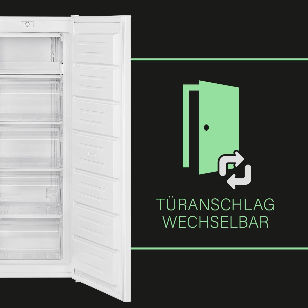 Ein offener, leerer Kühlschrank mit einem Symbol und Text 'Türanschlag wechselbar' rechts, der die Änderung der Türseite anzeigt.