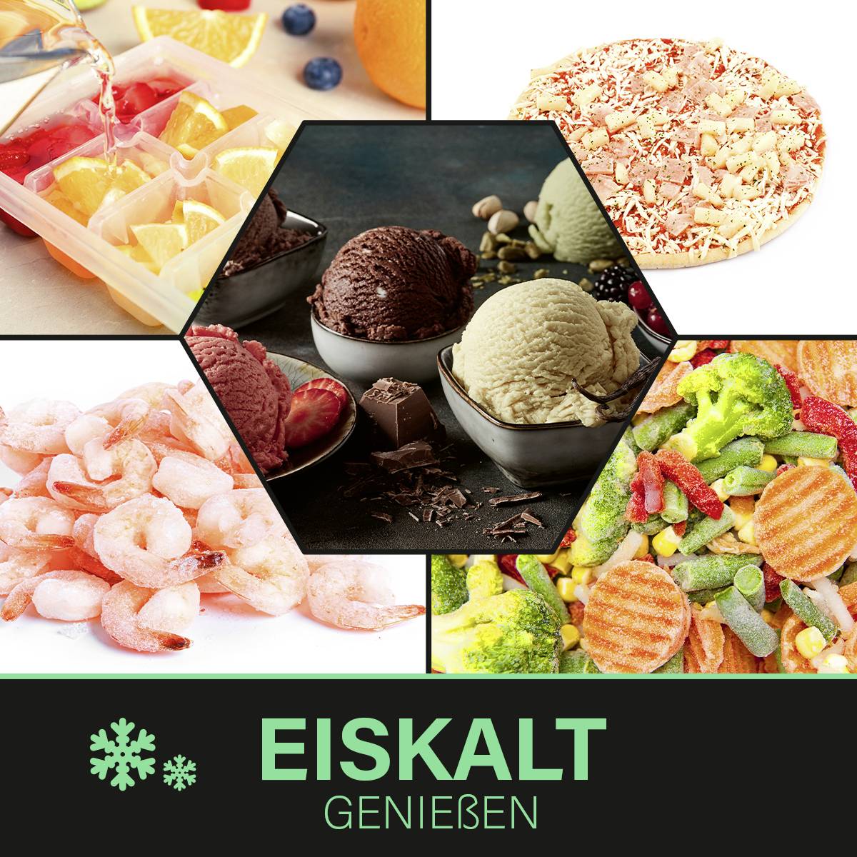 Collage mit Eiscreme, gefrorenen Früchten, Pizza, Garnelen und Gemüse. Text: 'Eiskalt genießen.'