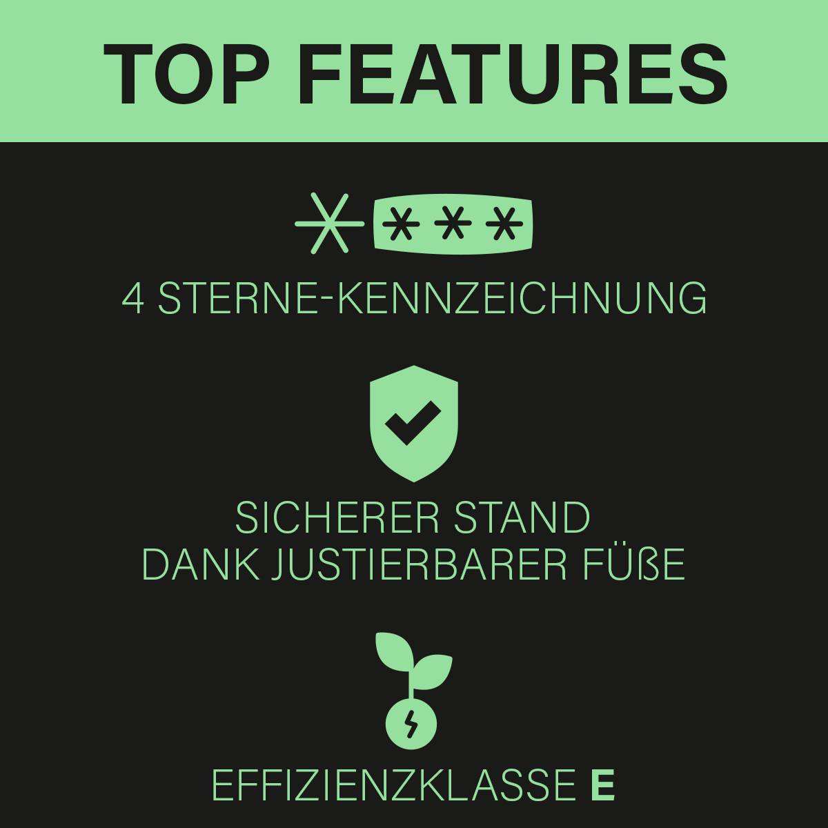 'Top Features: 4 Sterne-Kennzeichnung, sicherer Stand dank justierbarer Füße, Effizienzklasse E.'