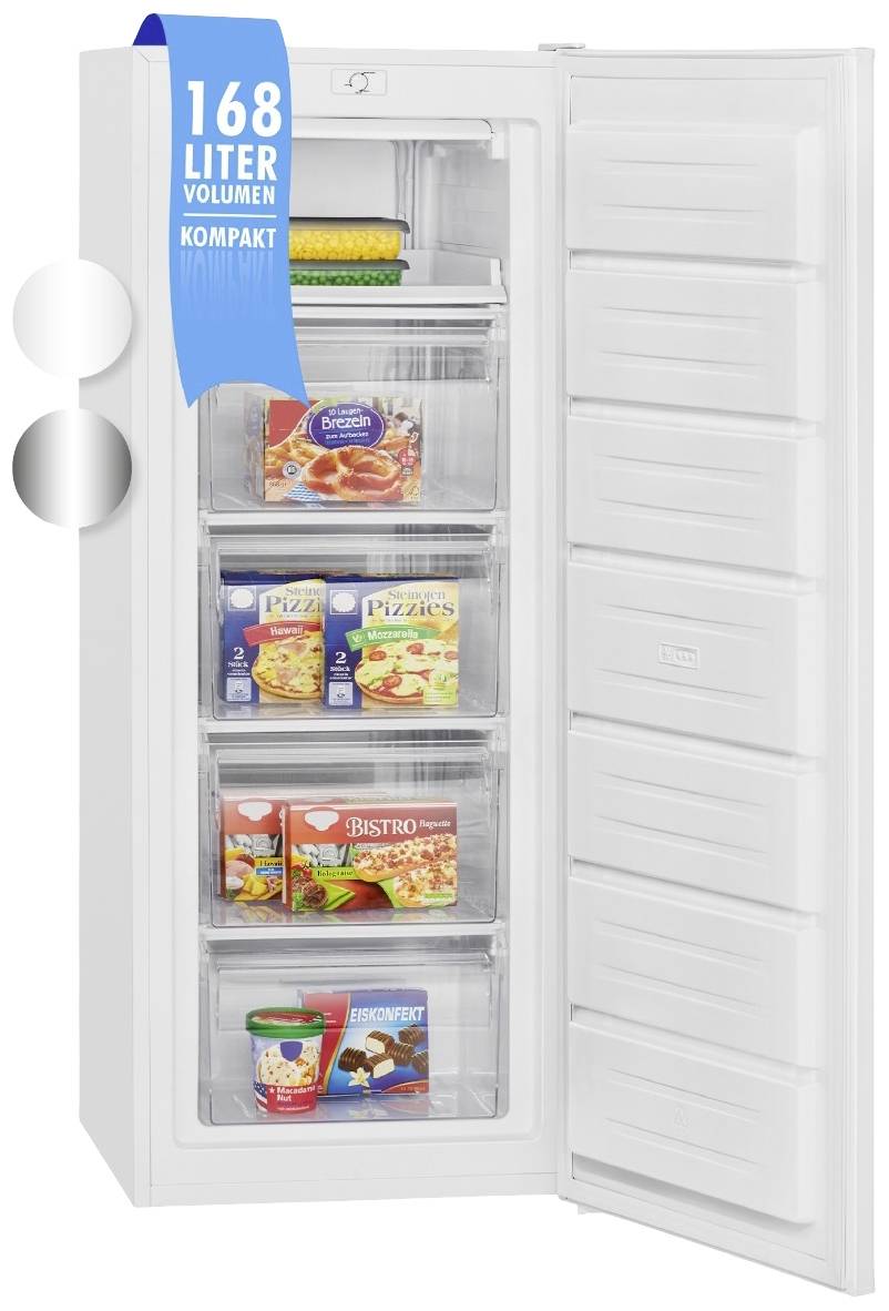 Geöffneter Gefrierschrank mit fünf Schubladen. Oben ist ein Fachvolumen von 168 Litern angegeben. Verschiedene Tiefkühlprodukte sichtbar.