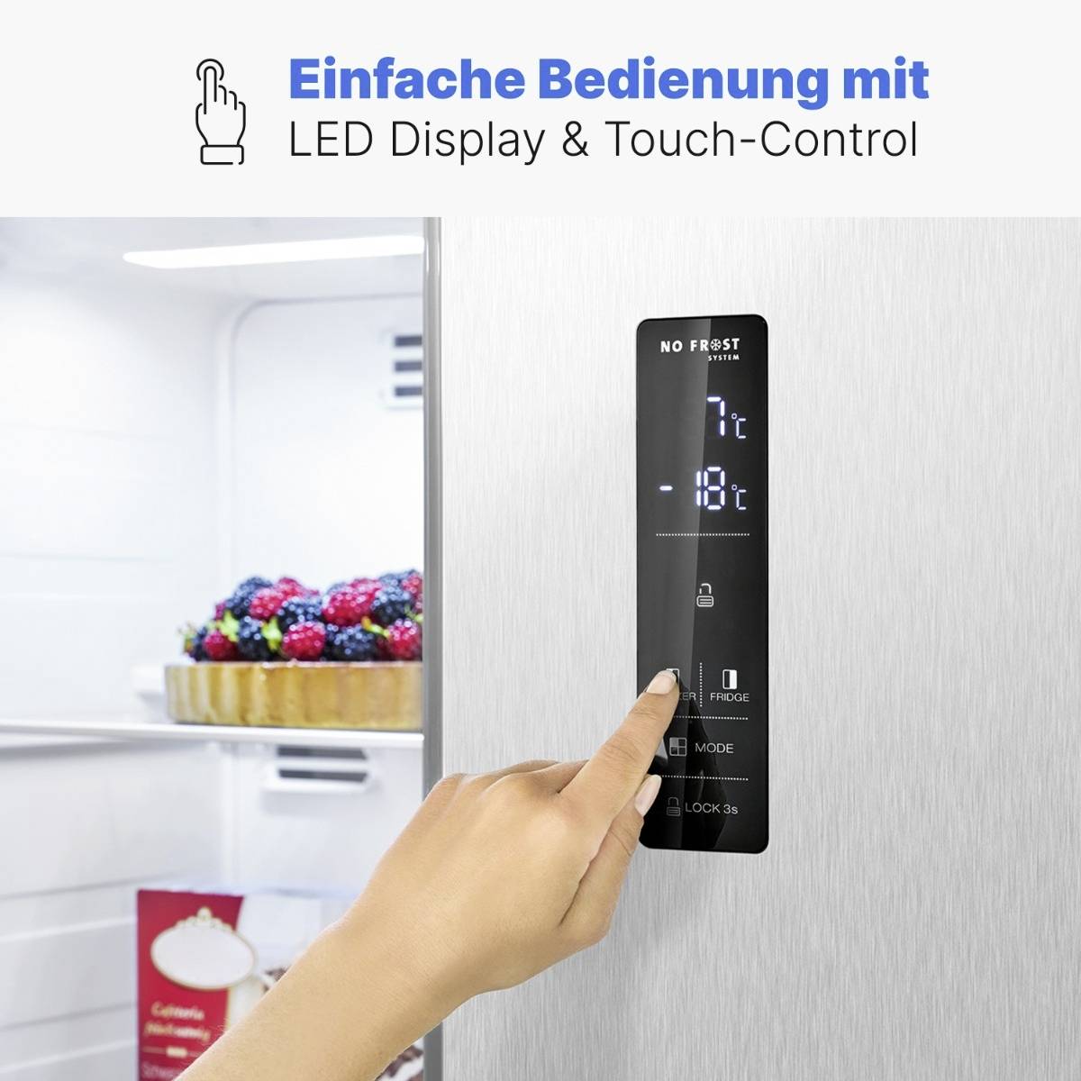 Ein Finger zeigt auf ein Kühlschrank-Bedienfeld mit LED-Display. Text oben: 'Einfache Bedienung mit LED Display & Touch-Control'.