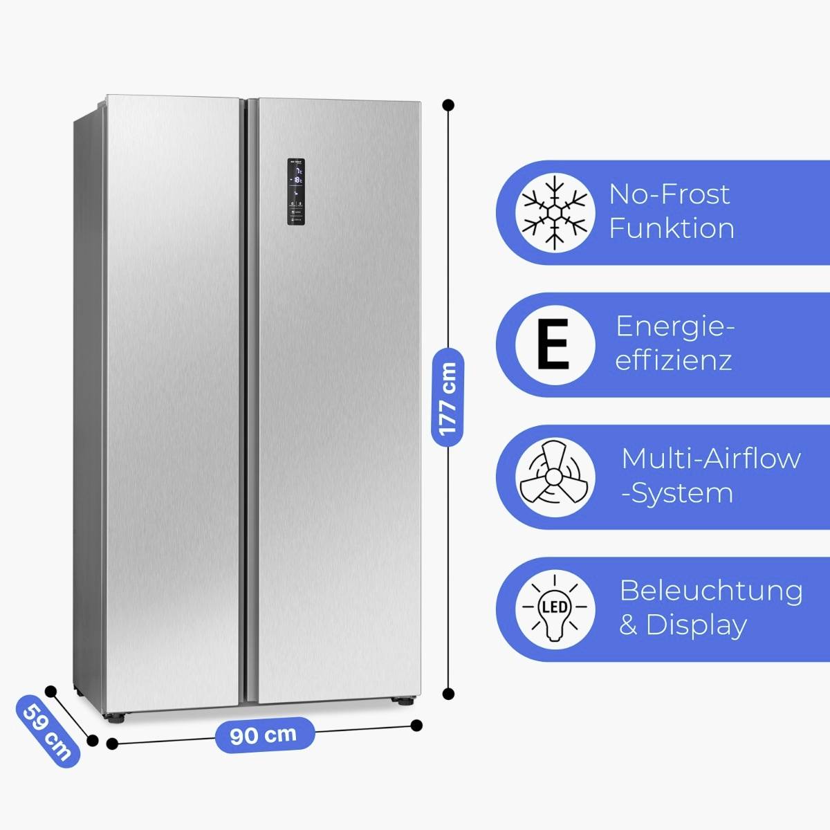 Silberner Doppeltür-Kühlschrank, 177 cm hoch, 90 cm breit, 59 cm tief, mit No-Frost, Energieeffizienz, Multi-Airflow und LED-Display.