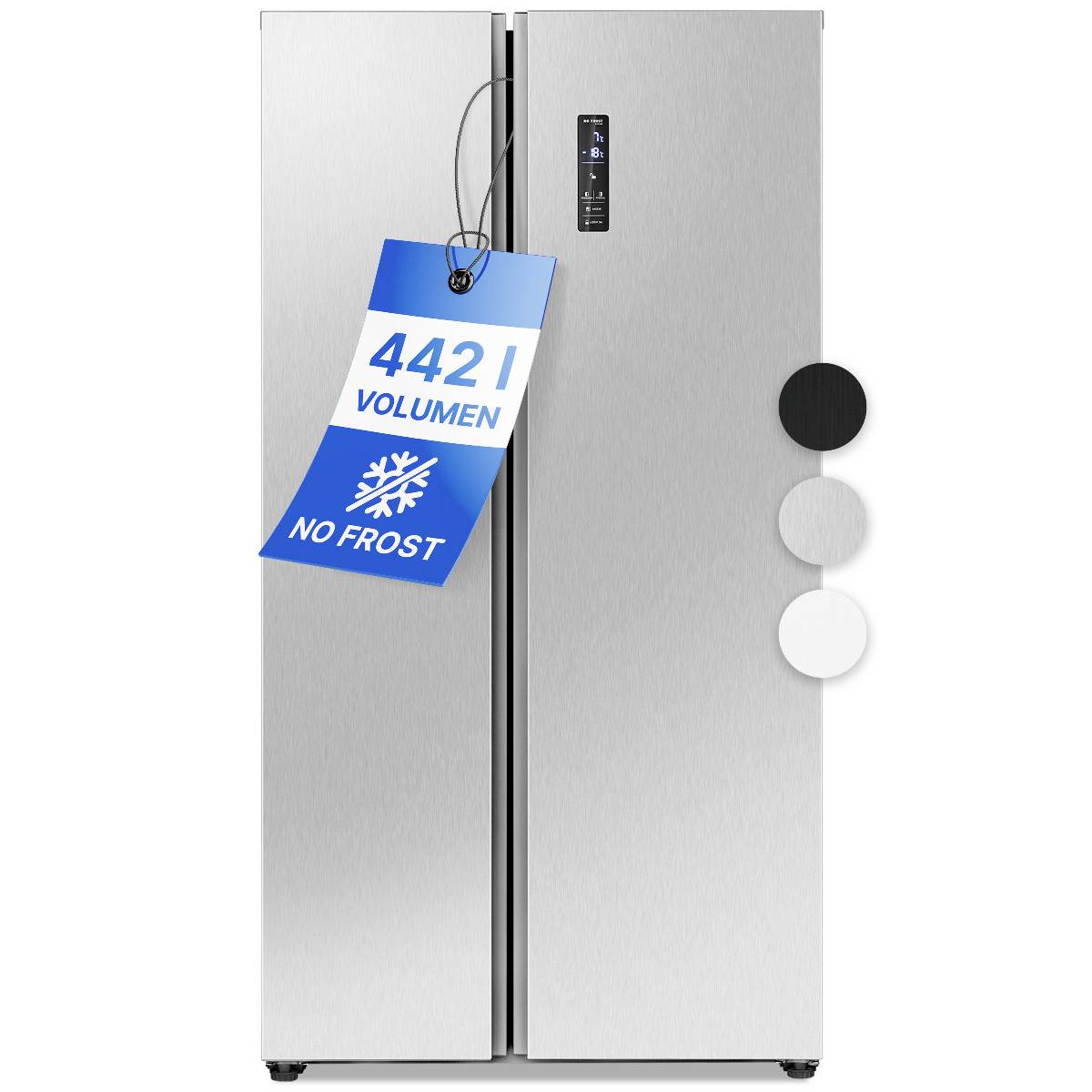 Ein zweitüriger, silberner Kühlschrank mit Energieetikett; zeigt '442 l Volumen, No Frost'.