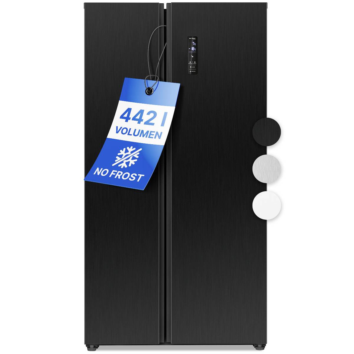 Schwarzer Kühlschrank mit blauer Preisschild, darauf '442 l Volumen' und 'No Frost' in Weiß. Temperaturanzeige an der Tür.