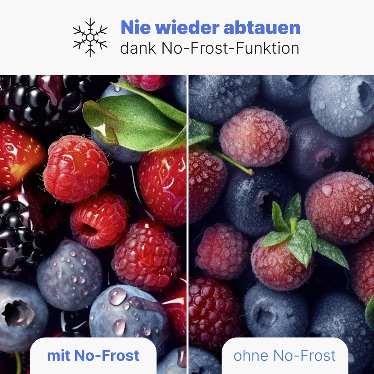 Zwei Bilder nebeneinander zeigen Früchte. Links: glänzende Beeren mit 'mit No-Frost'. Rechts: gefrorene Beeren mit 'ohne No-Frost'.