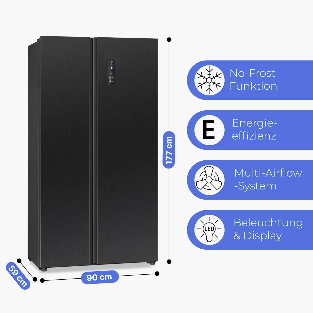 Schwarzer Kühlschrank mit No-Frost Funktion, Energieeffizienz, Multi-Airflow-System, LED-Beleuchtung, 59 cm tief, 90 cm breit, 177 cm hoch.