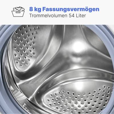 '8 kg Fassungsvermögen, Trommelvolumen 54 Liter' ist ein Bild einer Waschmaschinentrommel aus Edelstahl, dargestellt aus der Nähe.