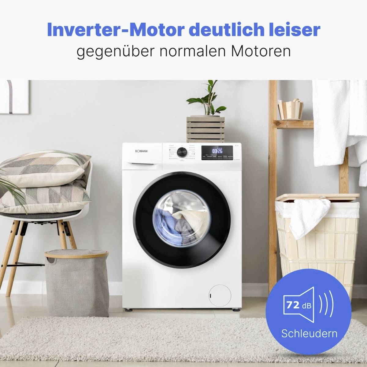 'Inverter-Motor deutlich leiser gegenüber normalen Motoren'. Bild einer Waschmaschine in einem Wohnzimmer, mit 72 dB Schleudern.