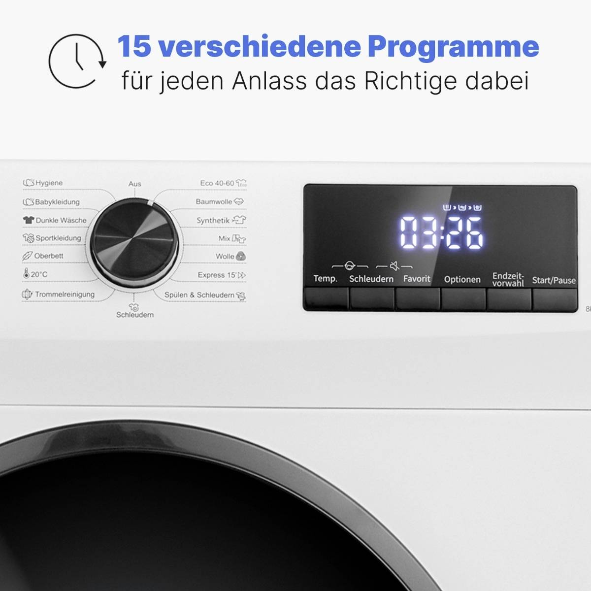 'Waschmaschine mit 15 verschiedenen Programmen für unterschiedliche Anlässe. Bedienfeld zeigt digitale Uhrzeit und Programmeinstellungen.'