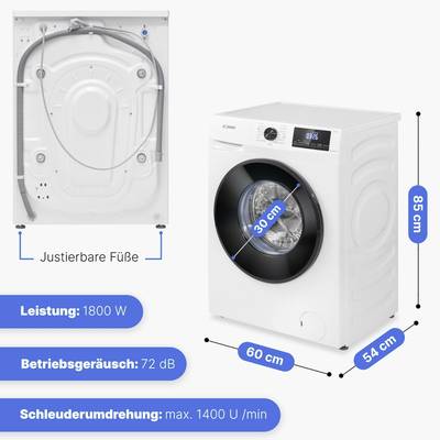'Waschmaschine, Maße: 85 cm hoch, 60 cm breit, 54 cm tief. Leistung: 1800 W, Geräuschpegel: 72 dB, Schleuderdrehzahl: 1400 U/min.'