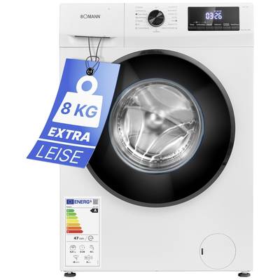 Weiße Waschmaschine mit blauer '8 KG Extra Leise'-Anzeige. Energieeffizienzklasse A dargestellt; digitales Display mit Uhrzeit.