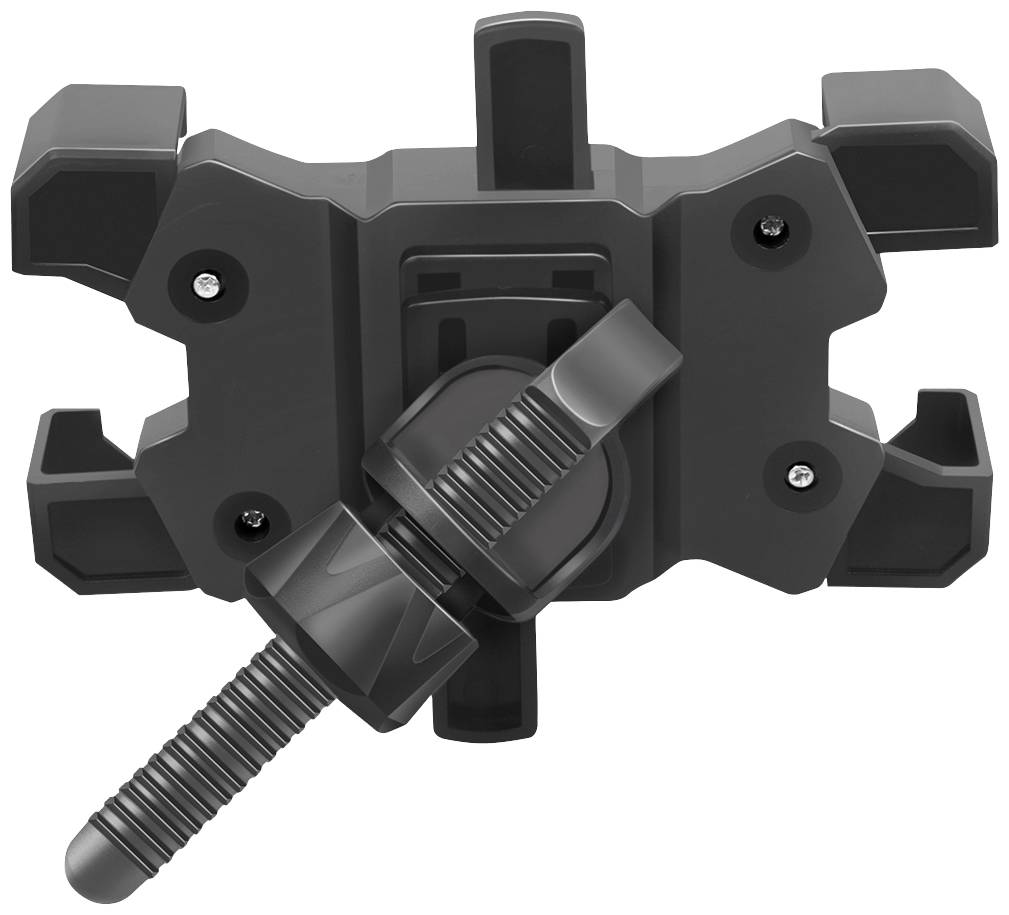 Ein schwarzer, robuster Handyhalter mit einer Schraubbefestigung, geeignet zur sicheren Befestigung an verschiedenen Oberflächen.