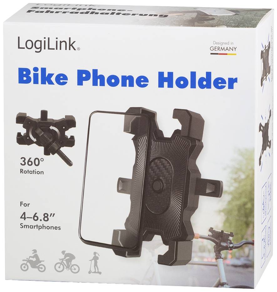 'LogiLink Fahrrad Handyhalter' zeigt eine Smartphone-Halterung für Fahrräder, kompatibel mit 4–6,8" Smartphones.