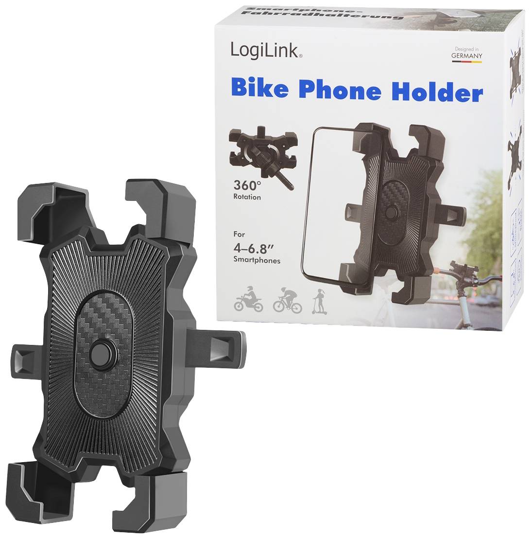 Eine schwarze Fahrrad-Handyhalterung von LogiLink mit 360°-Drehung für Smartphones von 4-6,8 Zoll. Verpackung zeigt Montage am Fahrradlenker.