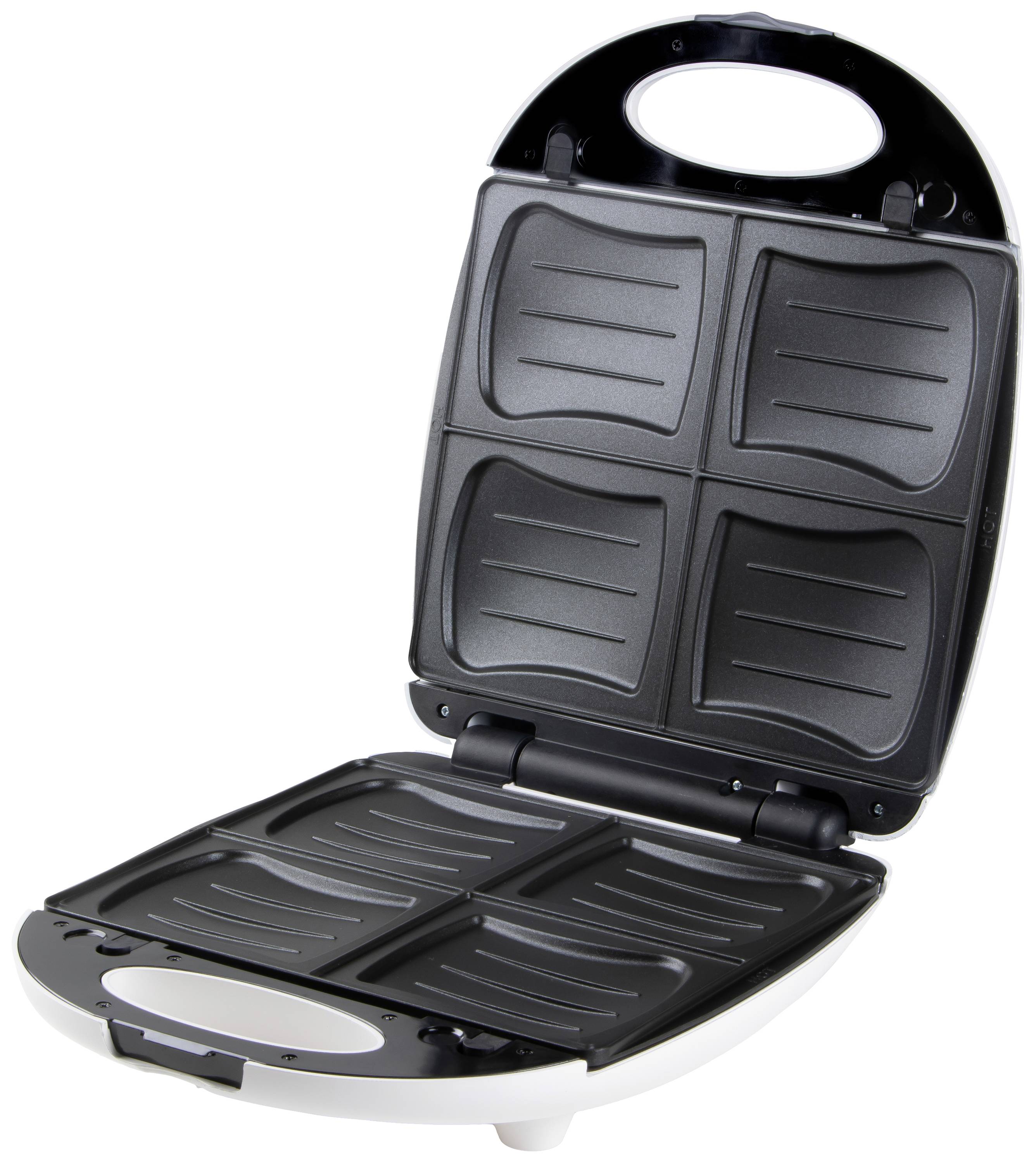 Ein geöffneter Sandwichmaker mit vier quadratischen Platten, bereit zum Toasten von Sandwiches.