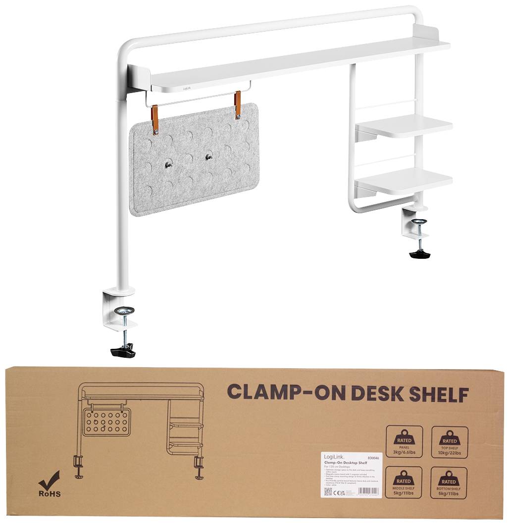 Weißes Laptopregal mit drei Ablagen und Filzwand, montiert mittels Schraubzwingen. Verpackung mit Bild und Details zum Regal.