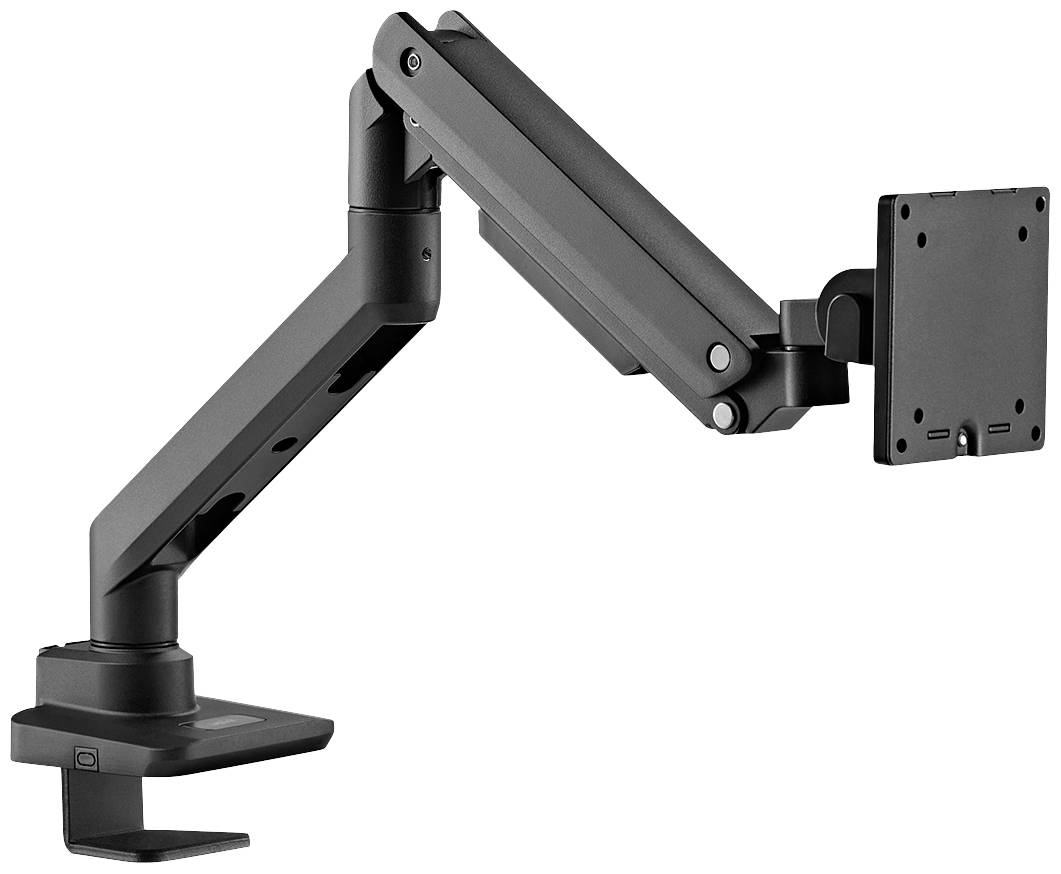 Schwarzer, einstellbarer Monitorarm mit Halterung. Ermöglicht flexible Positionierung eines Bildschirms, geeignet für Schreibtischbefestigung.