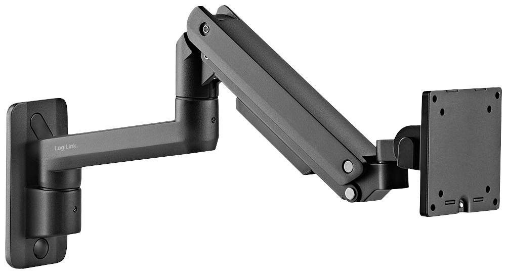 Schwarzer, verstellbarer Monitorarm aus Metall zur Wandmontage, mit Gelenken für flexible Bildschirmpositionierung.