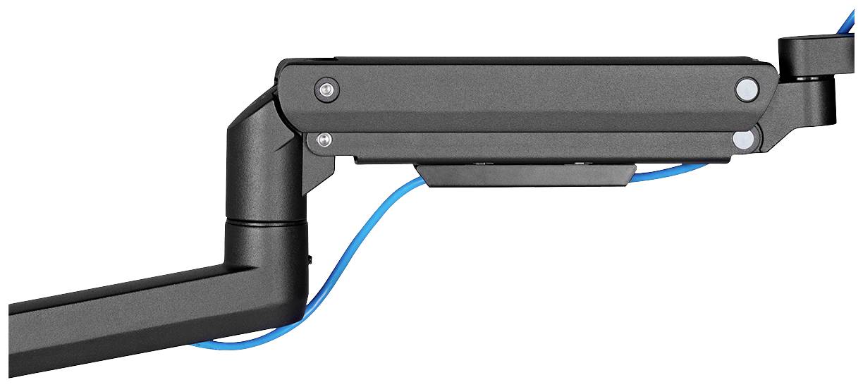 Schwarzer Monitorarm mit blauem Kabel, seitlich aufgenommen.