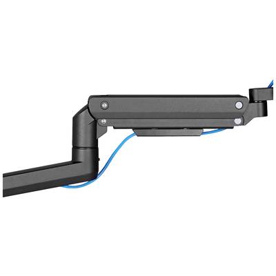 Schwarzer Monitorarm mit blauem Kabel, seitlich aufgenommen.