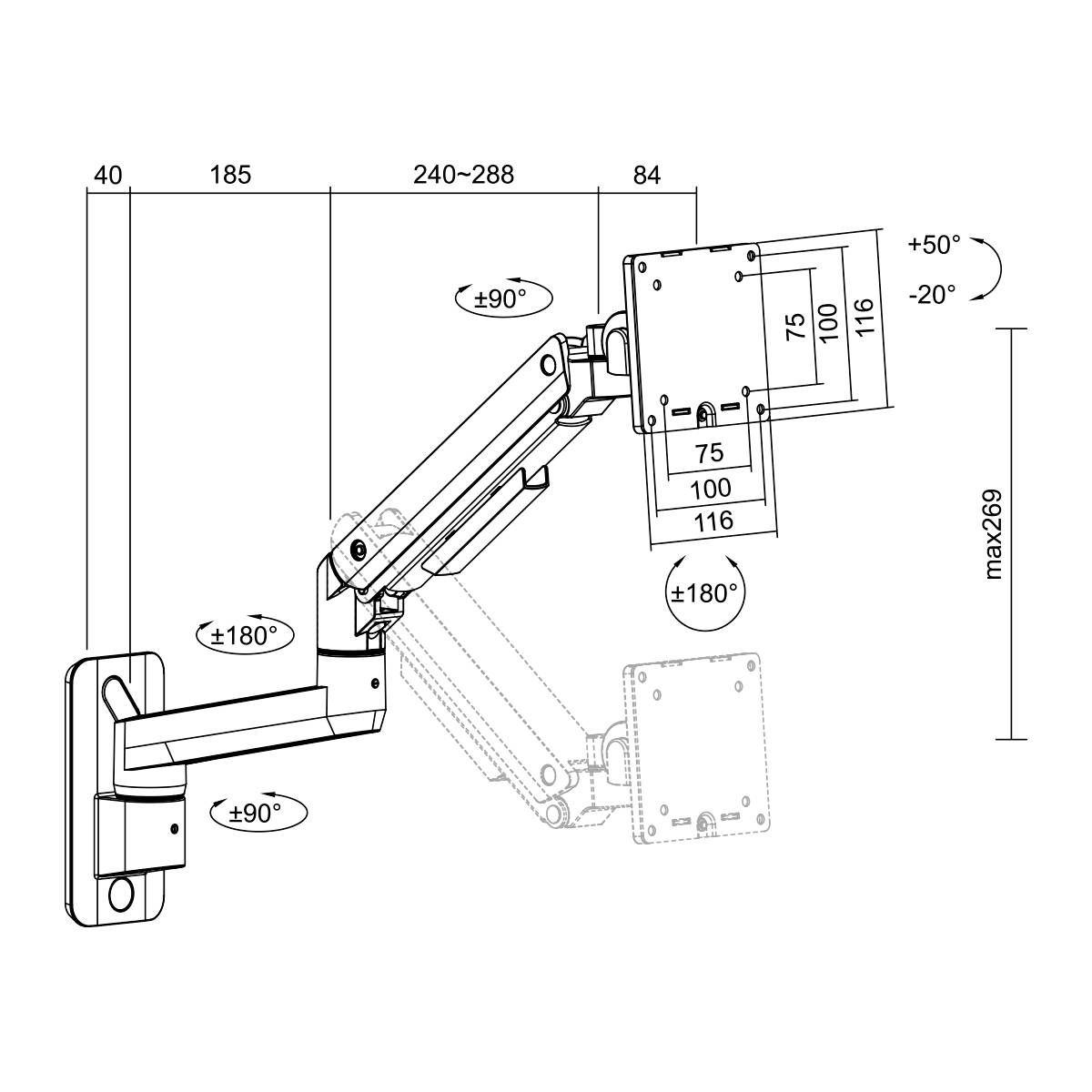 'Technische Zeichnung eines verstellbaren Monitorarms mit Maßen: Neigungswinkel bis ±90°, Drehwinkel bis ±180°, maximale Reichweite 269 mm.'