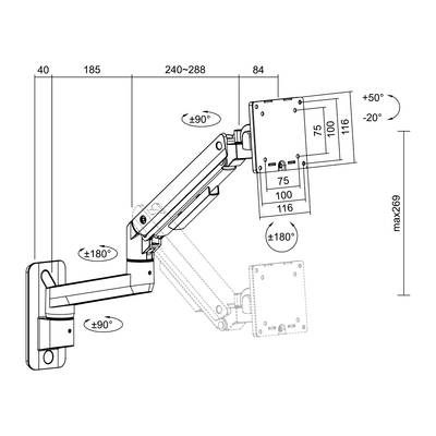 Technische Zeichnung eines ausziehbaren Monitorarms an der Wand. Angaben zu Drehwinkeln und Längen inklusive.