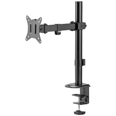 Ein verstellbarer, schwarzer Arm für einen Monitor mit Tischklemme zur Befestigung. Geeignet für flexible Arbeitsplatzgestaltung.