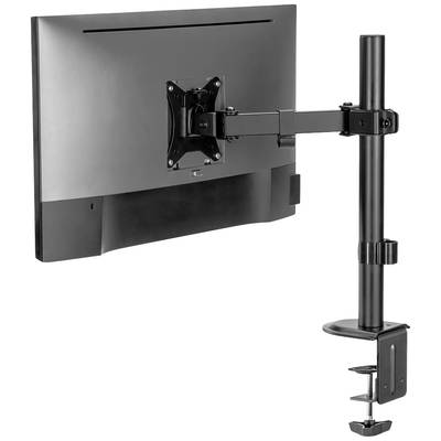 Ein Monitor ist an einem verstellbaren Schwenkarm befestigt, der an einem Tischrand geklemmt ist, was Flexibilität in der Positionierung ermöglicht.