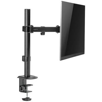 Ein Monitor ist an einem verstellbaren Schwenkarm befestigt, der an einem Tisch montiert ist. Der Arm ermöglicht flexible Positionierung.