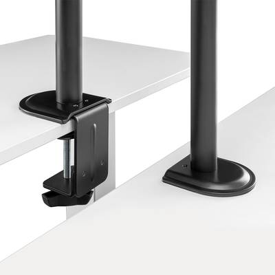 Schwarze Tischhalterung, die eine Metallstange an einem weißen Tisch befestigt. Ideal zur sicheren Befestigung von Zubehör.