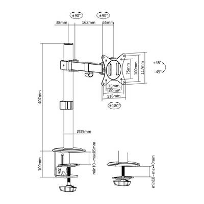 Technische Zeichnung eines Monitorarms mit Abmessungen und Neigungswinkeln. Höhenverstellbar bis 407mm; drehbar um 180 Grad. Geeignet für Tischmontage.