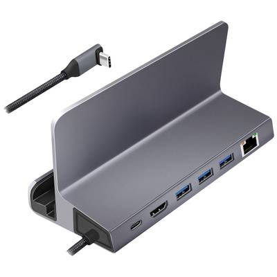 Laptop-Dockingstation mit USB-C-Anschluss, mehreren USB-3.0-Ports, HDMI-Ausgang und Ethernet-Anschluss für erweiterte Konnektivität.