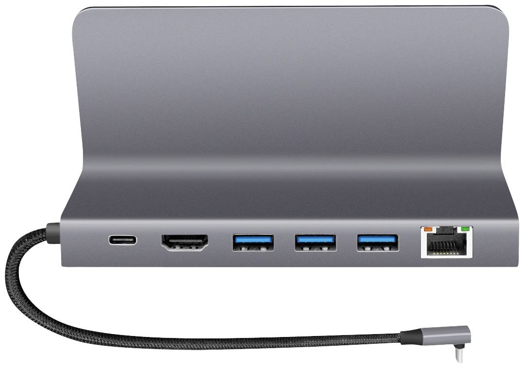'Dockingstation mit USB-C, HDMI, drei USB-A-Anschlüssen und Ethernet-Anschluss. Geeignet für die Erweiterung der Konnektivität tragbarer Geräte.'