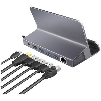 Dockingstation aus Metall mit acht Anschlüssen: HDMI, Ethernet, zweimal USB-A, USB-C, VGA, Audioanschluss und Stromversorgung.