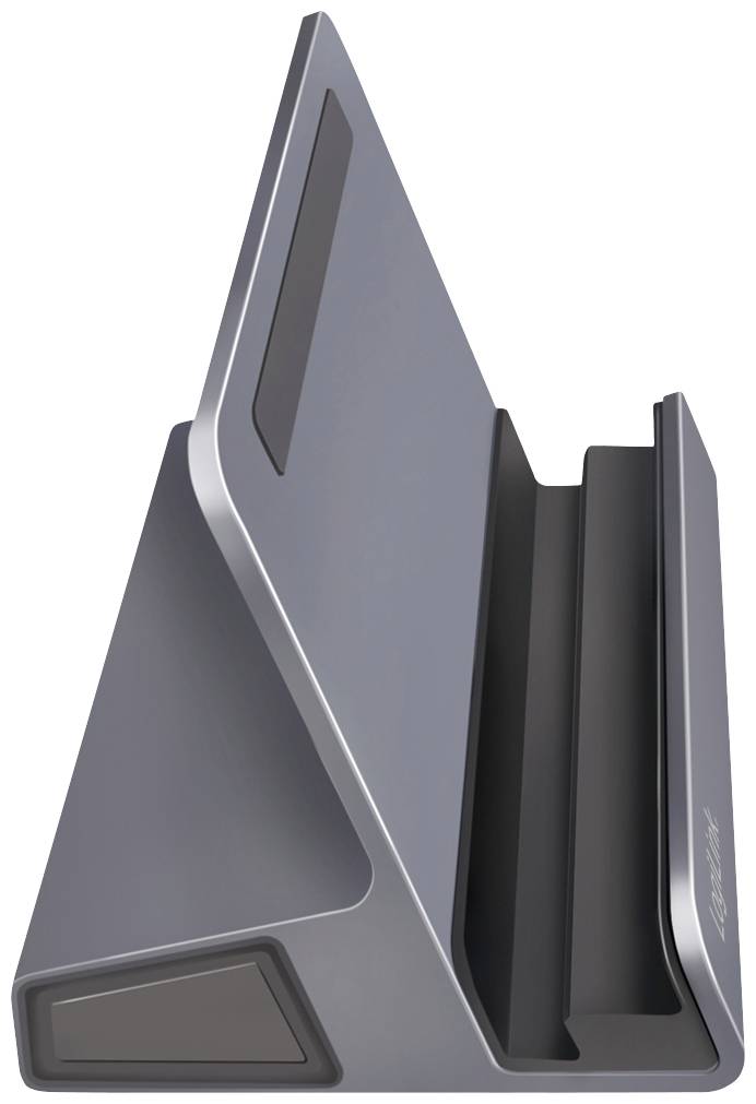 Ein grauer Tablet-Ständer in Dreiecksform mit einem Schlitz zum Halten eines Geräts, vermutlich für sicheren Stand und einfache Bedienung.