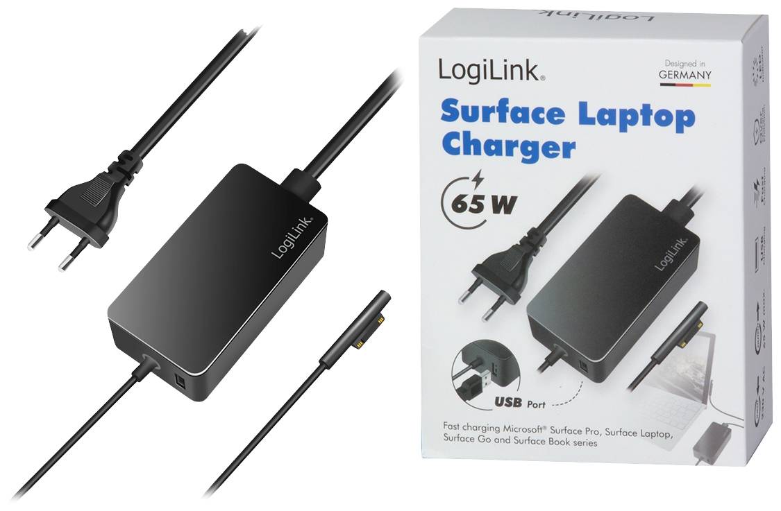 'LogiLink Surface Laptop Charger' Verpackung und Ladegerät, 65W, USB-Anschluss, kompatibel mit Microsoft Surface Pro und Laptop.