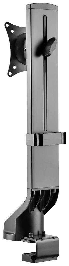 Ein schwarzer, verstellbarer Monitorhalter aus Metall, zur Befestigung an einem Tisch. Ermöglicht flexible Bildschirmpositionierung.