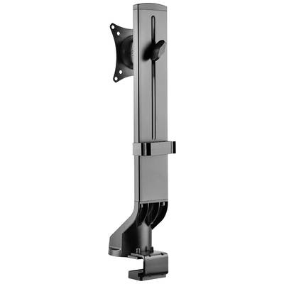 Ein schwarzer, verstellbarer Monitorhalter aus Metall, zur Befestigung an einem Tisch. Ermöglicht flexible Bildschirmpositionierung.