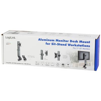 Verpackung einer 'Aluminum Monitor Desk Mount' von LogiLink für 17-32 Zoll Monitore, zeigt Produktbilder und Montageoptionen.